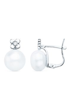 PENDIENTES ORO BLANCO DIAMANTES 0.06 QTS G-VS2. PERLA 8.5 MM 13X8.5 MM