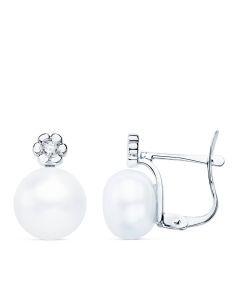 PENDIENTES ORO BLANCO DIAMANTES 0.06 QTS G-VS2. PERLA 9 MM 13X9 MM