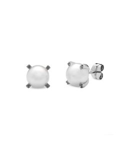 Pendientes oro blanco, perla 8 mm y diamantes